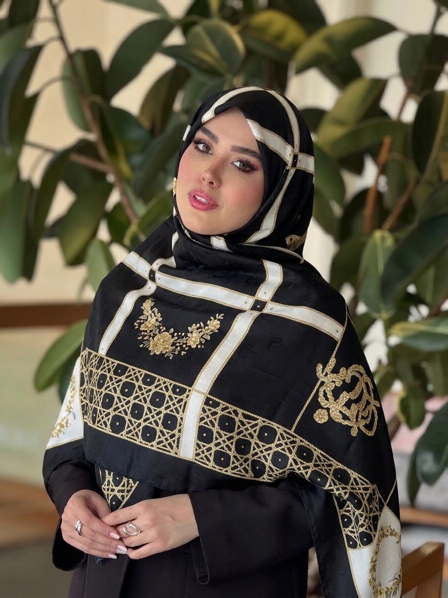 ابریشم ژاکارد لوکس نگین کاری مشکی طلایی